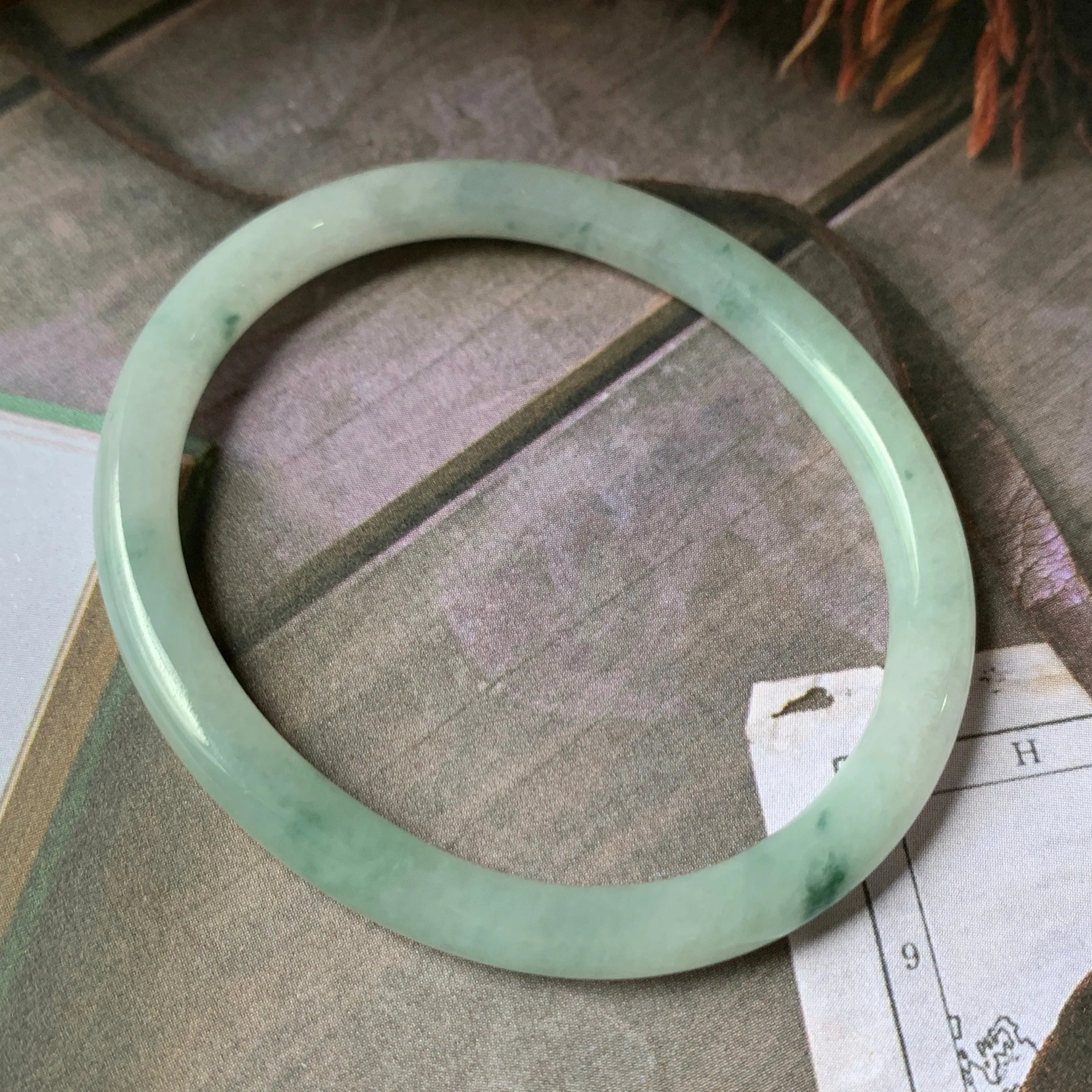 52.1 mm A-Grade Natural Floral Jadeite Traditional Oval Bangle No.151908