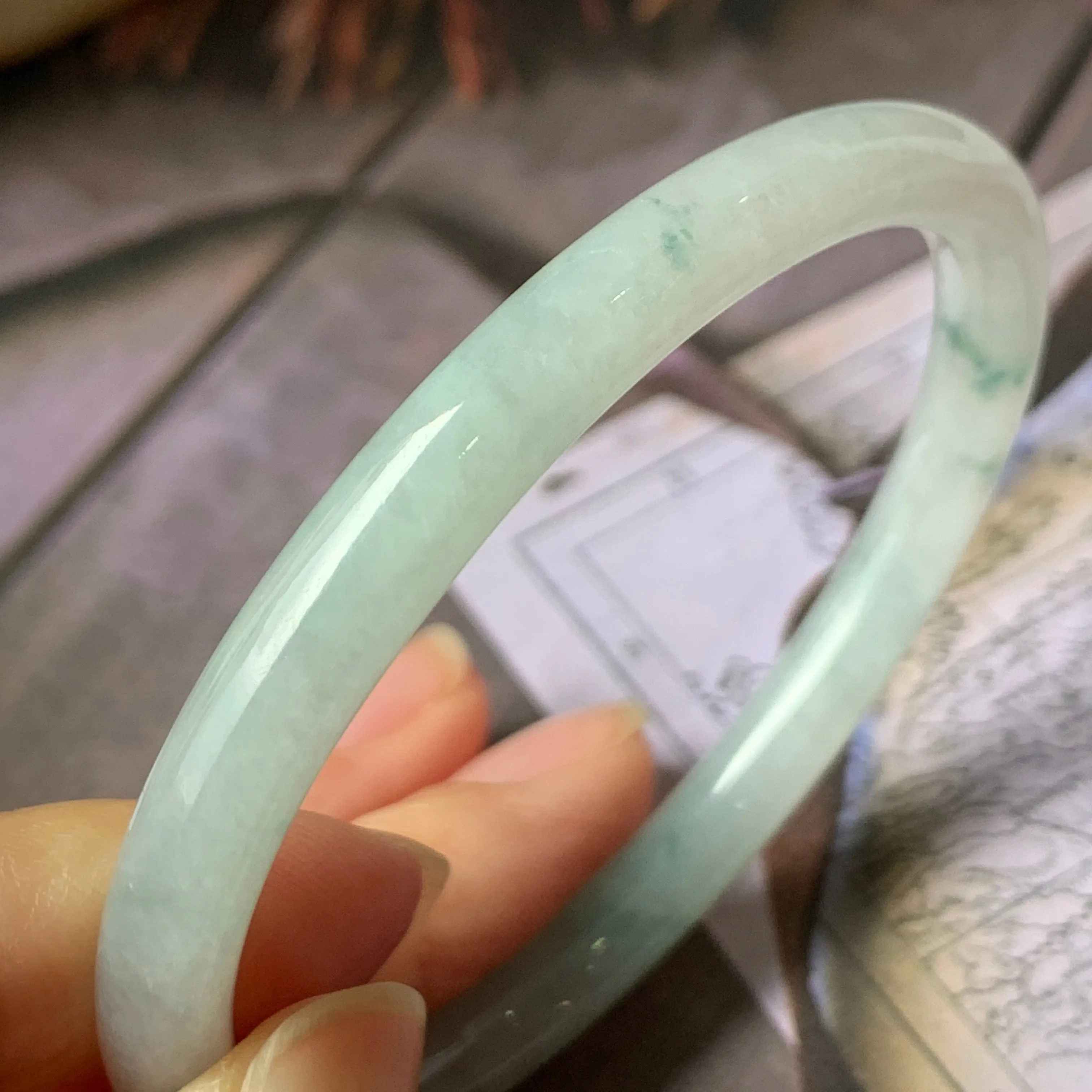 52.1 mm A-Grade Natural Floral Jadeite Traditional Oval Bangle No.151908