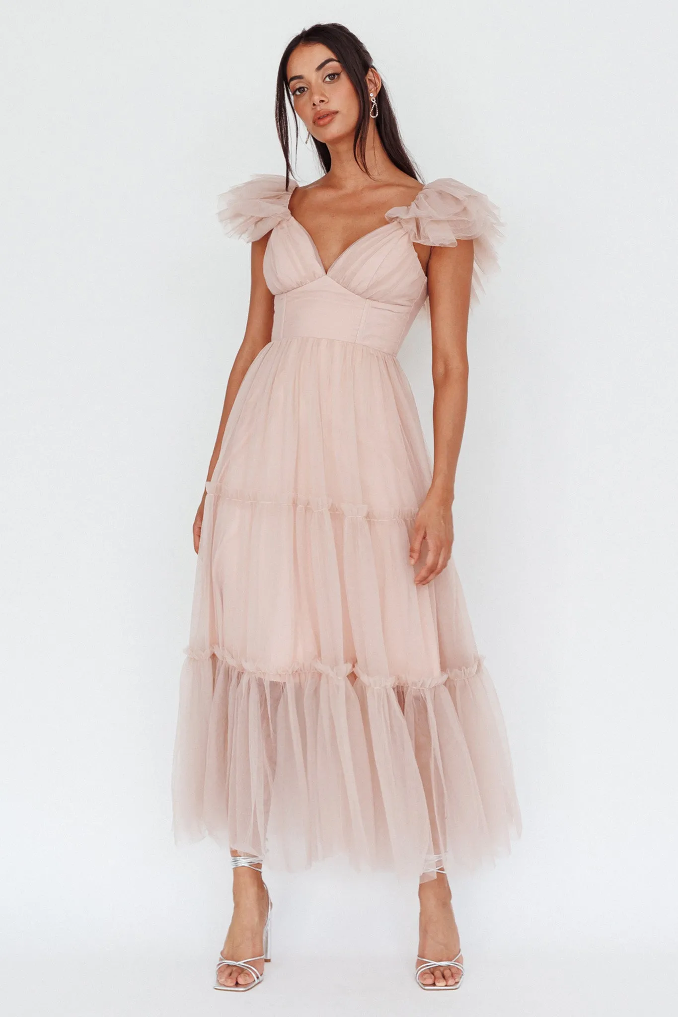 Amal Ruffle Shoulder Tulle Midi Dress Nude