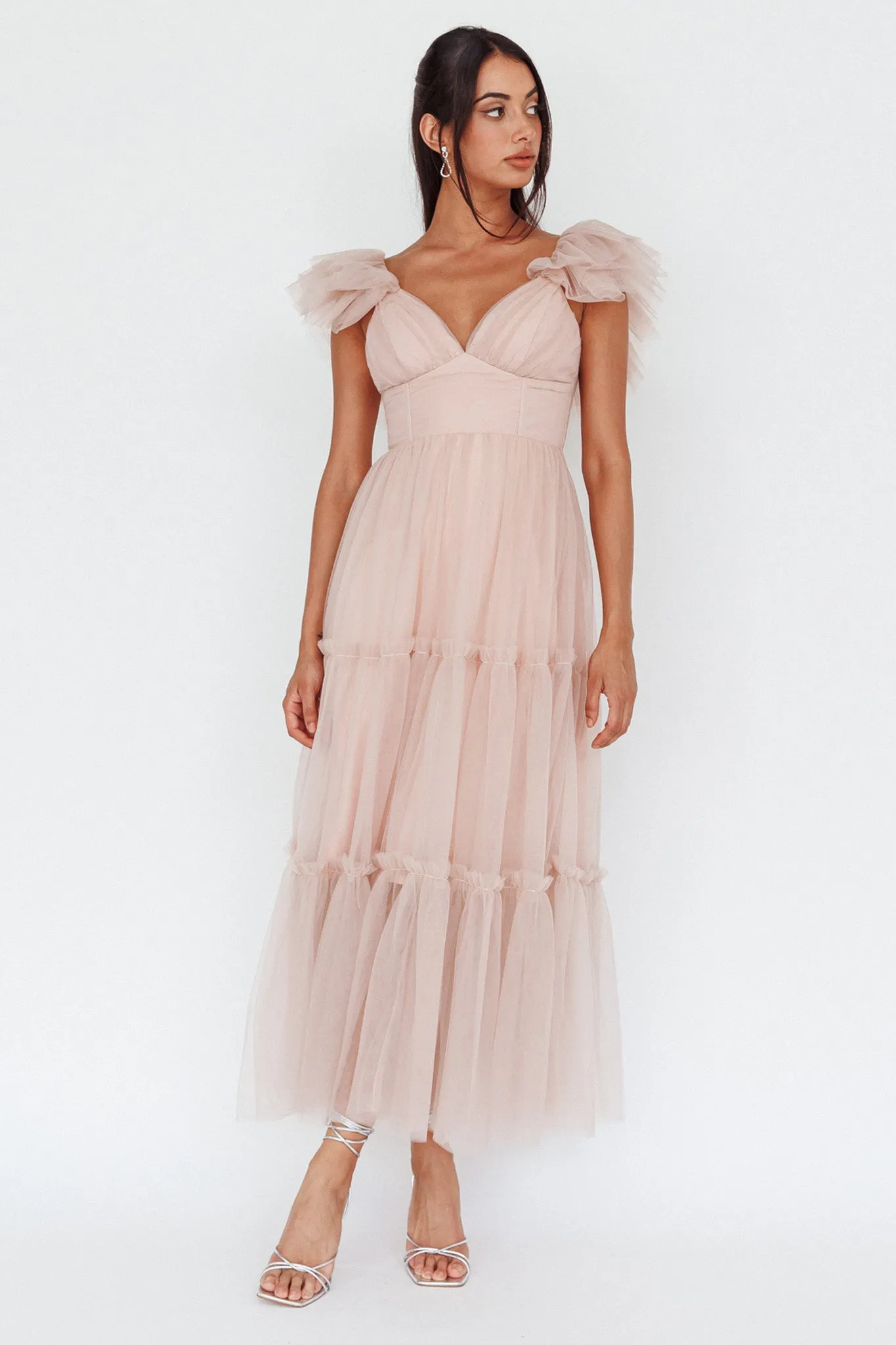 Amal Ruffle Shoulder Tulle Midi Dress Nude