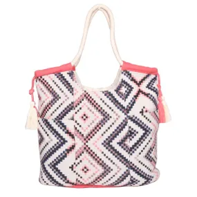 Astrid Women Pink Aztec Jacquard Cotton Rope Shoulder Bag With Tassels