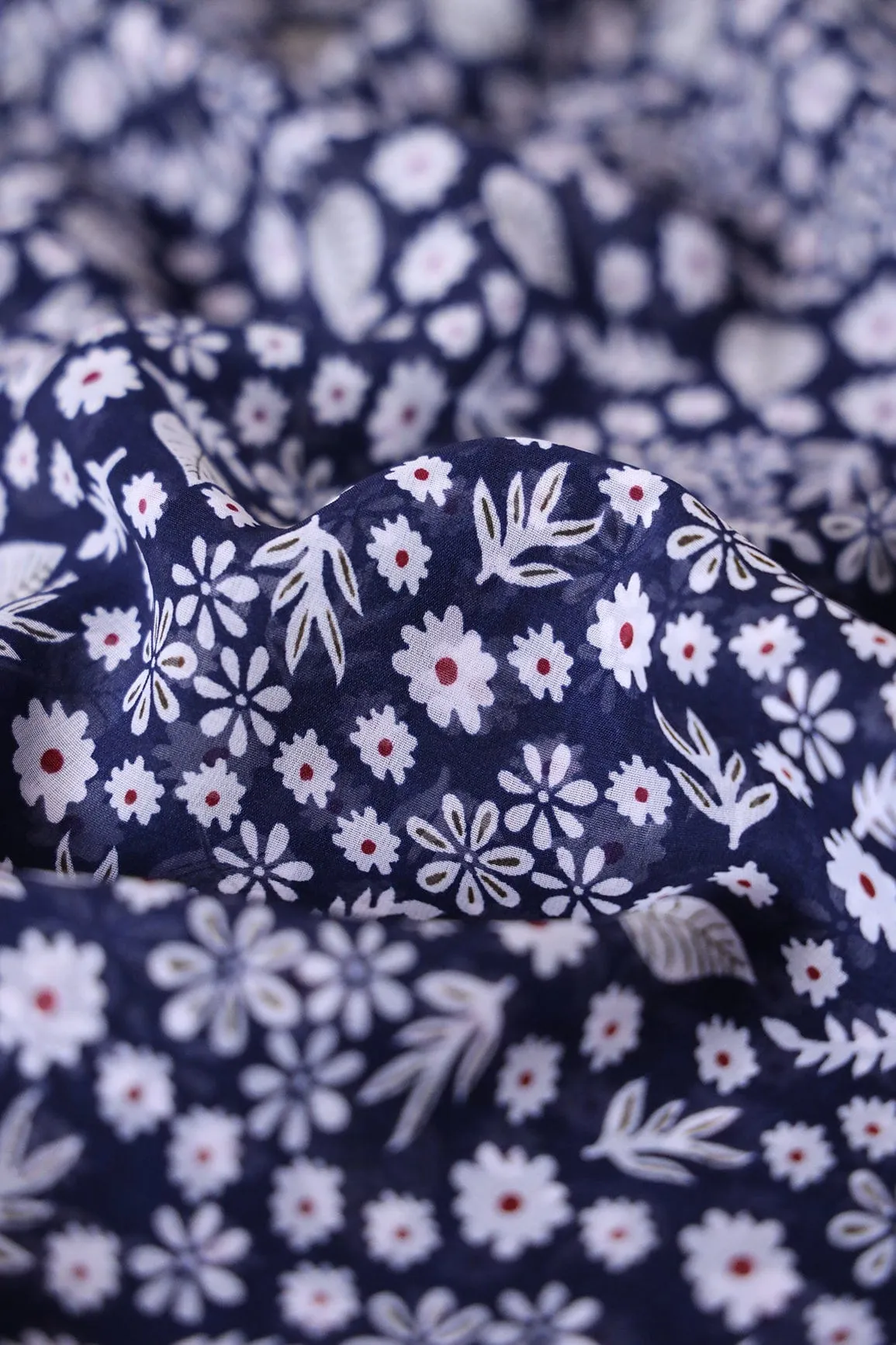 Big Width "56" White Small Floral Digital Print On Navy Blue Georgette Fabric