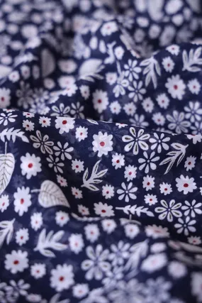 Big Width "56" White Small Floral Digital Print On Navy Blue Georgette Fabric