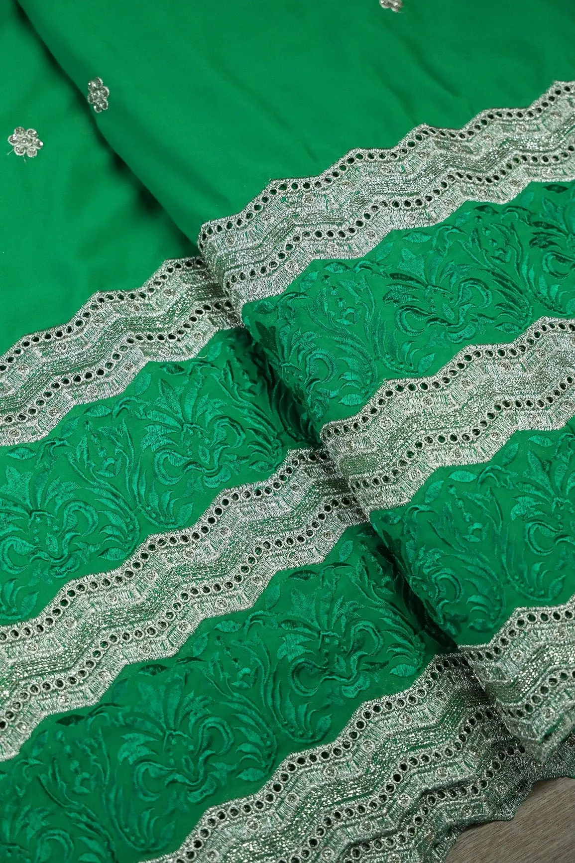 Big Width''56'' Green Thread With Zari Ethnic Embroidery Work On Green Georgette Fabric With Border