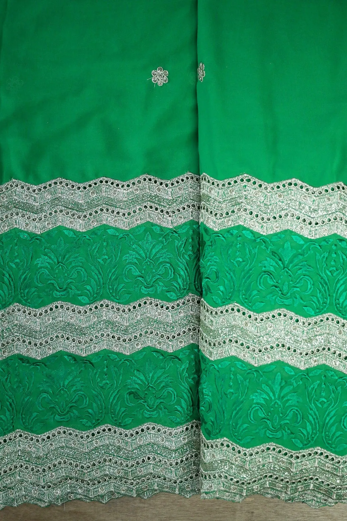 Big Width''56'' Green Thread With Zari Ethnic Embroidery Work On Green Georgette Fabric With Border