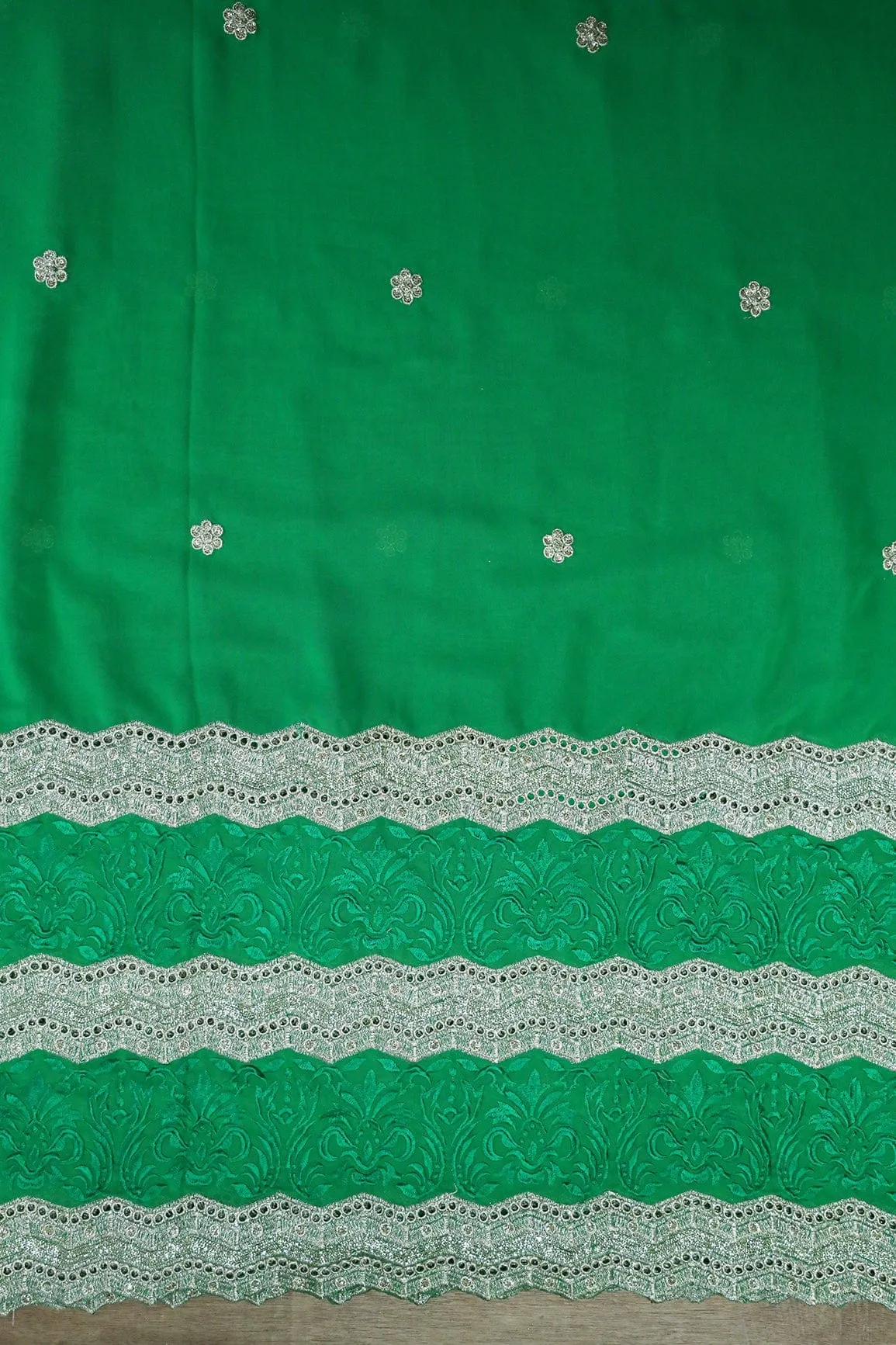 Big Width''56'' Green Thread With Zari Ethnic Embroidery Work On Green Georgette Fabric With Border