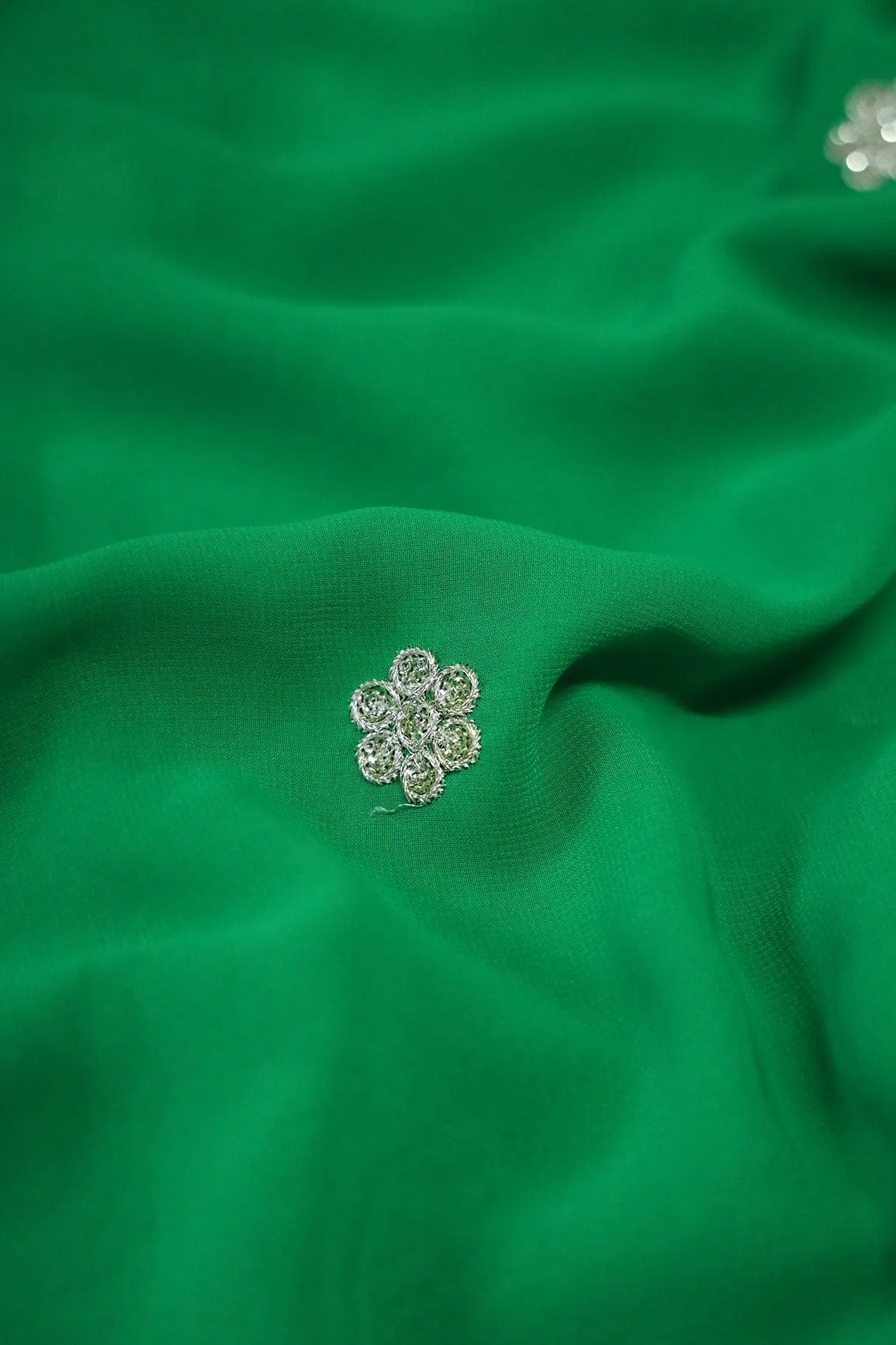 Big Width''56'' Green Thread With Zari Ethnic Embroidery Work On Green Georgette Fabric With Border