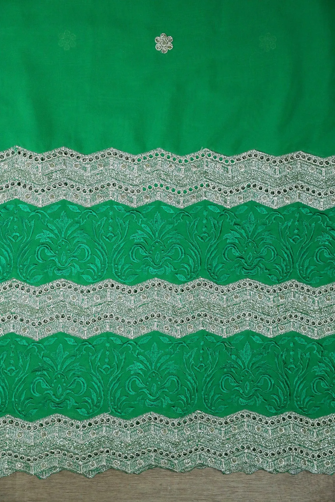 Big Width''56'' Green Thread With Zari Ethnic Embroidery Work On Green Georgette Fabric With Border