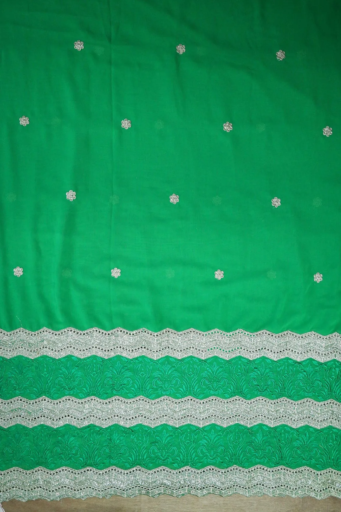 Big Width''56'' Green Thread With Zari Ethnic Embroidery Work On Green Georgette Fabric With Border