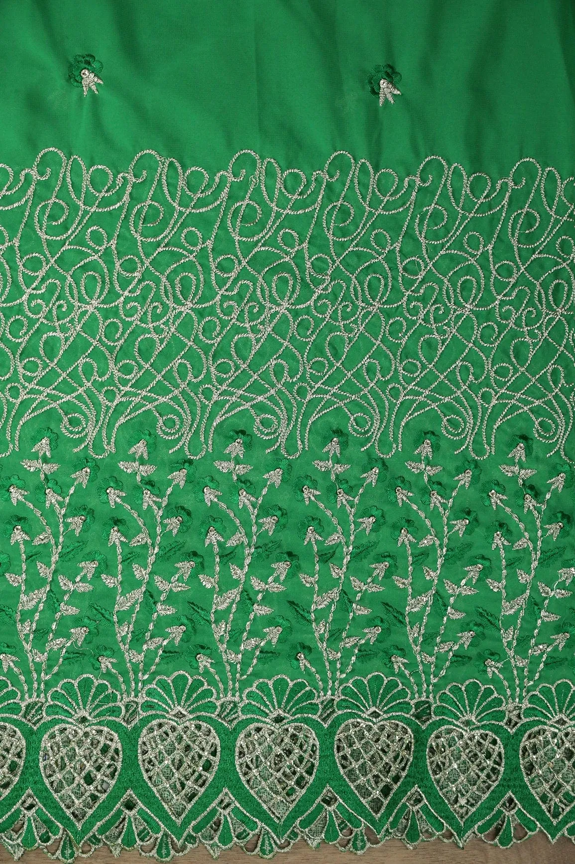 Big Width''56'' Green Thread With Zari Floral Embroidery Work On Green Georgette Fabric With Border