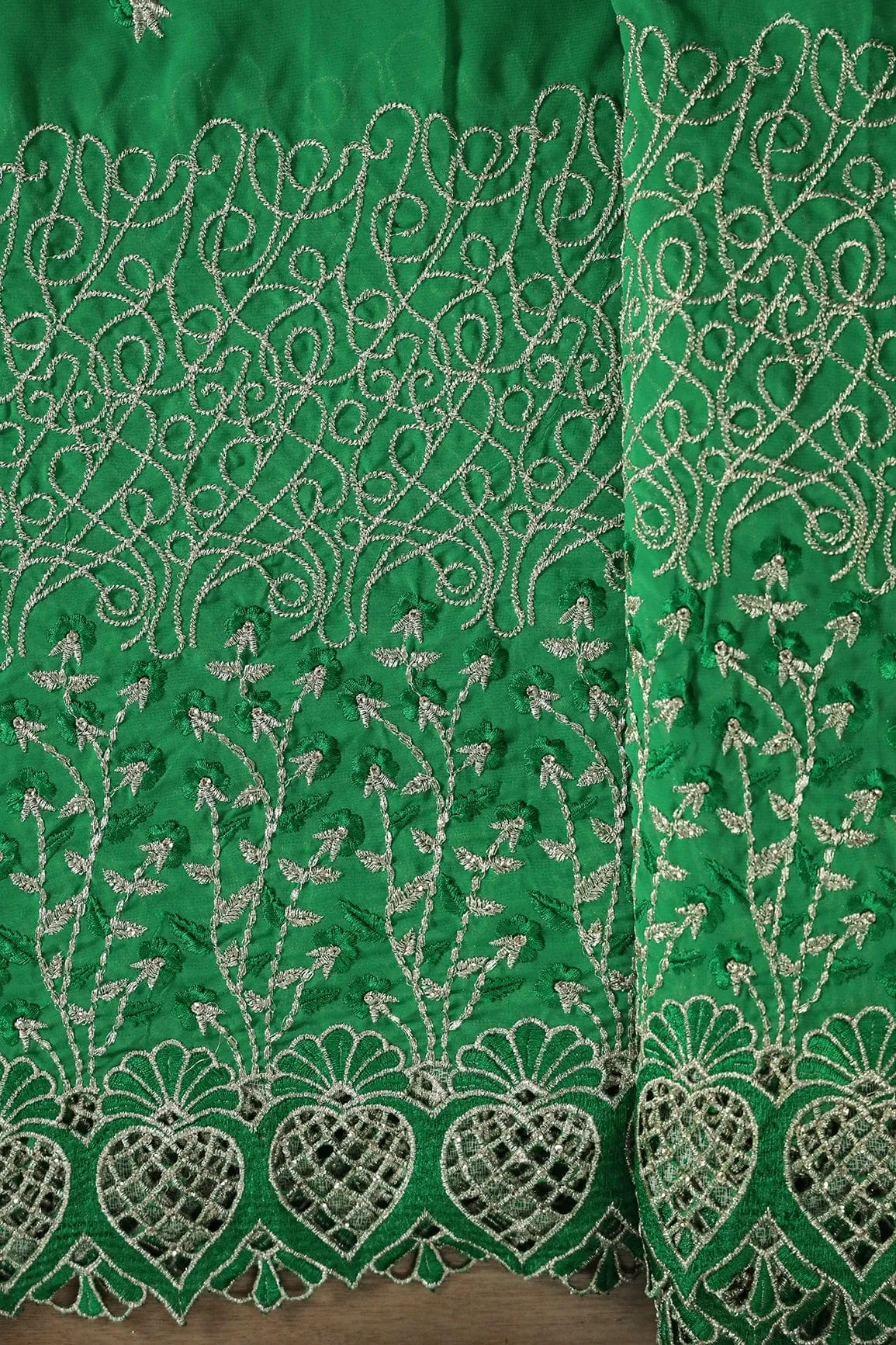 Big Width''56'' Green Thread With Zari Floral Embroidery Work On Green Georgette Fabric With Border