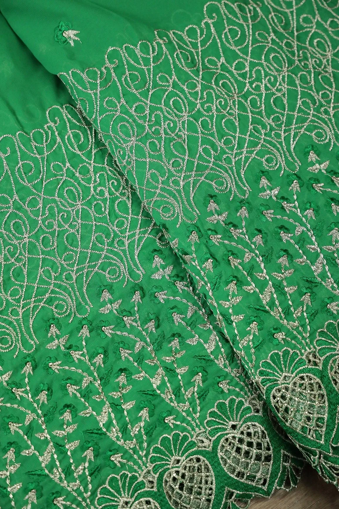 Big Width''56'' Green Thread With Zari Floral Embroidery Work On Green Georgette Fabric With Border