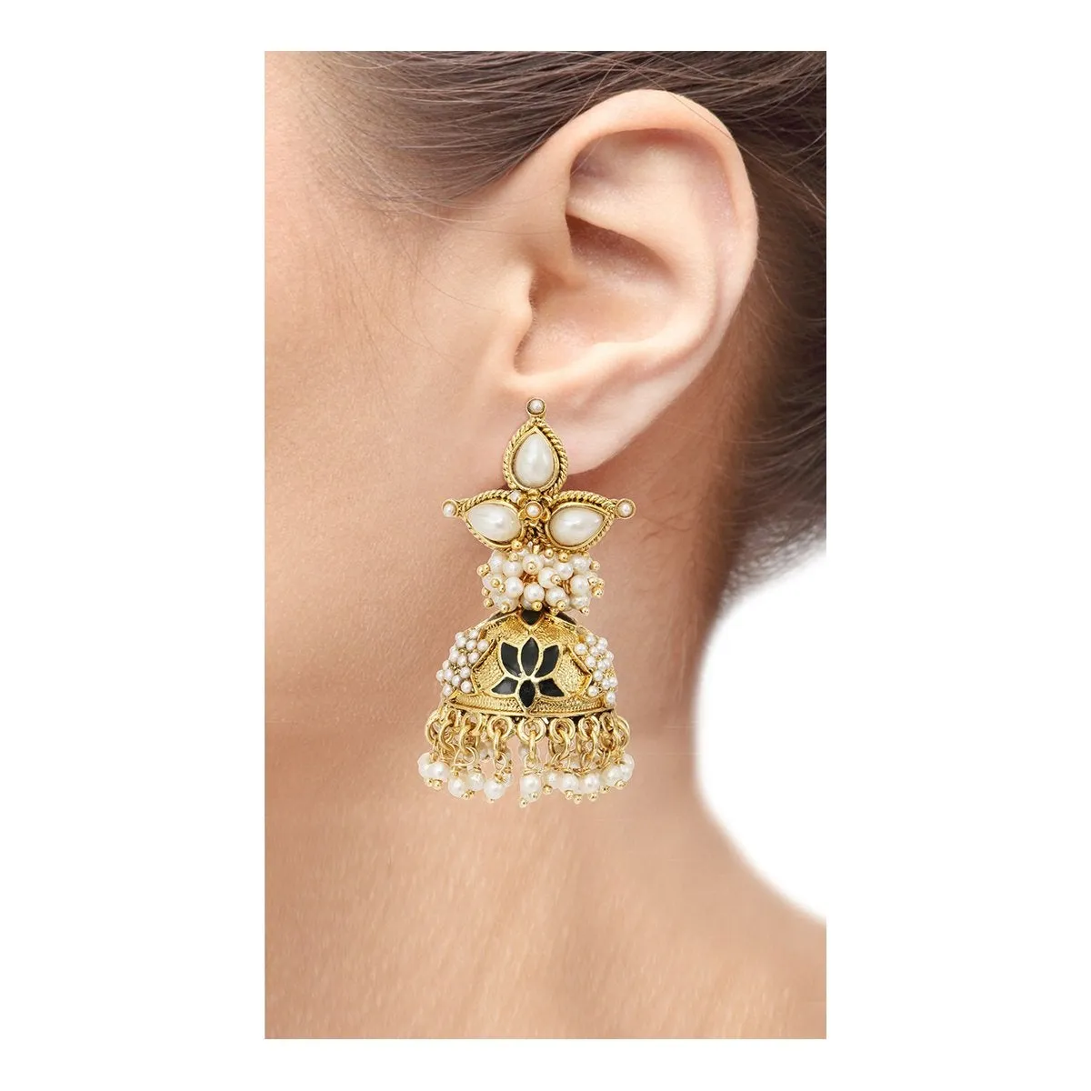 Black Meenakari Lotus Pearl Jhumki Earring For Women