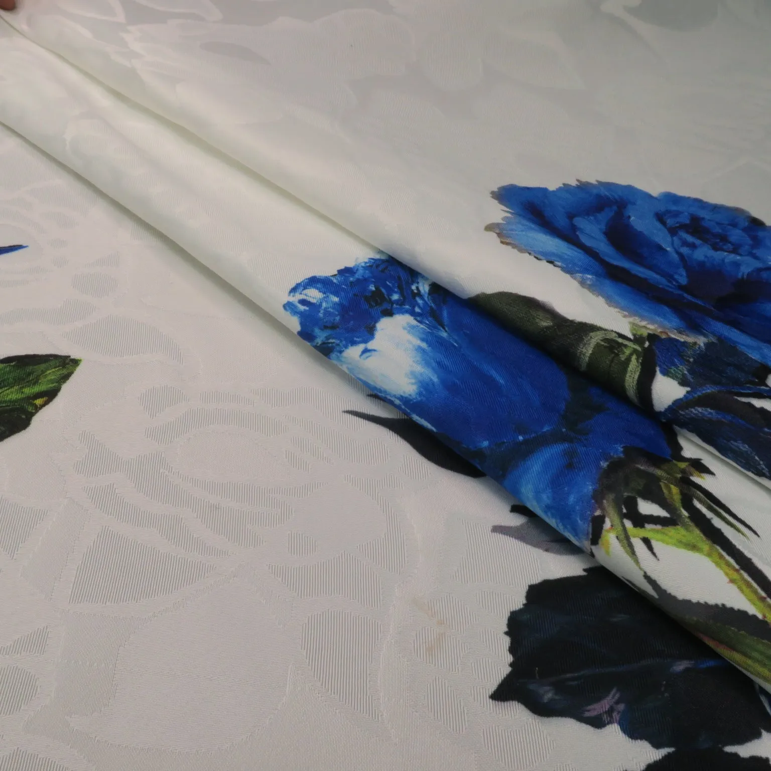 Blue Floral on White Printed Polyester Mikado Fabric