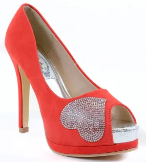 Crystal Jeweled Heart Red Peep-toe Platform Pump Stilleto Heels