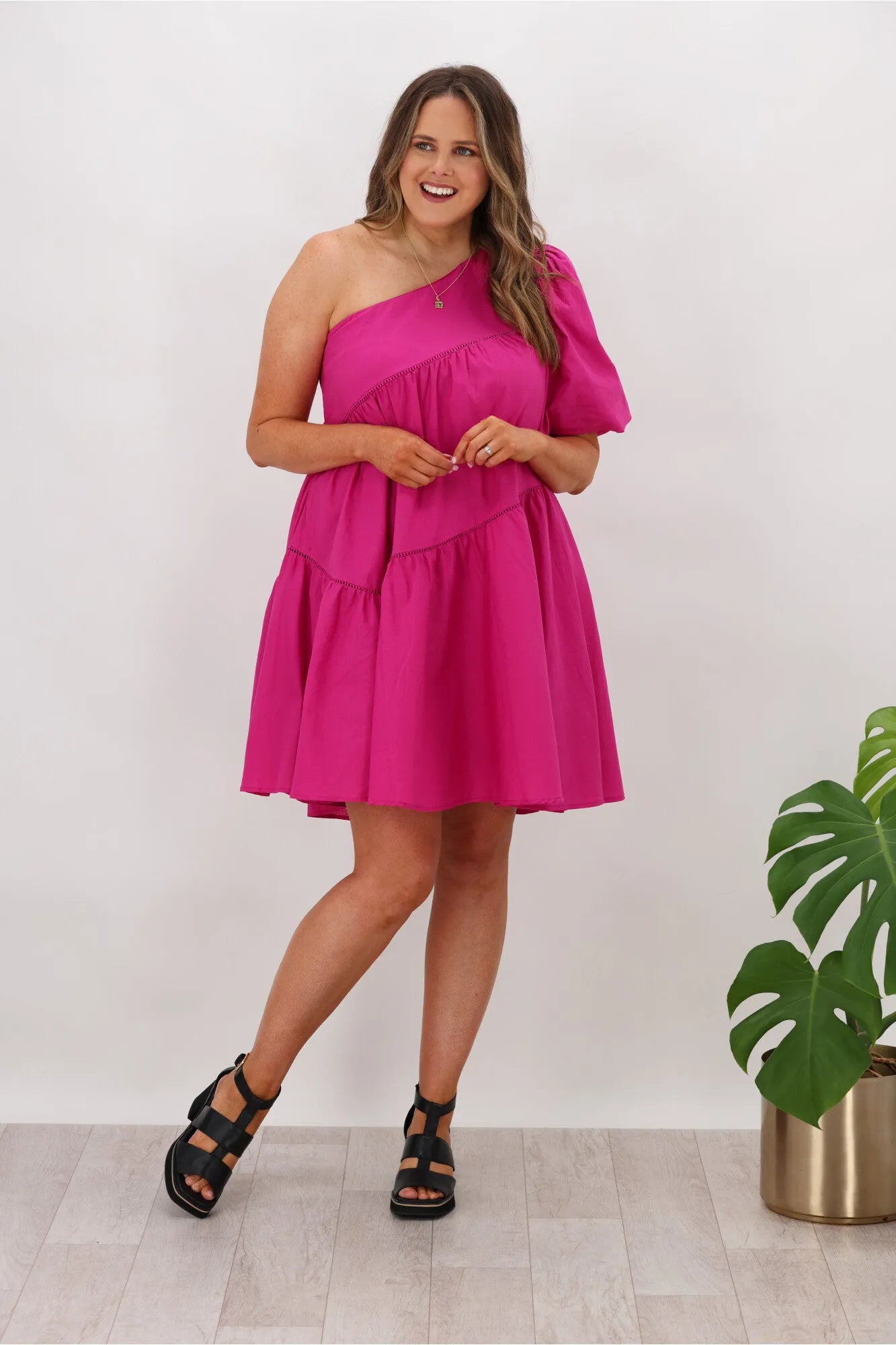 Ebby & I Sally One Shoulder Dress Magenta