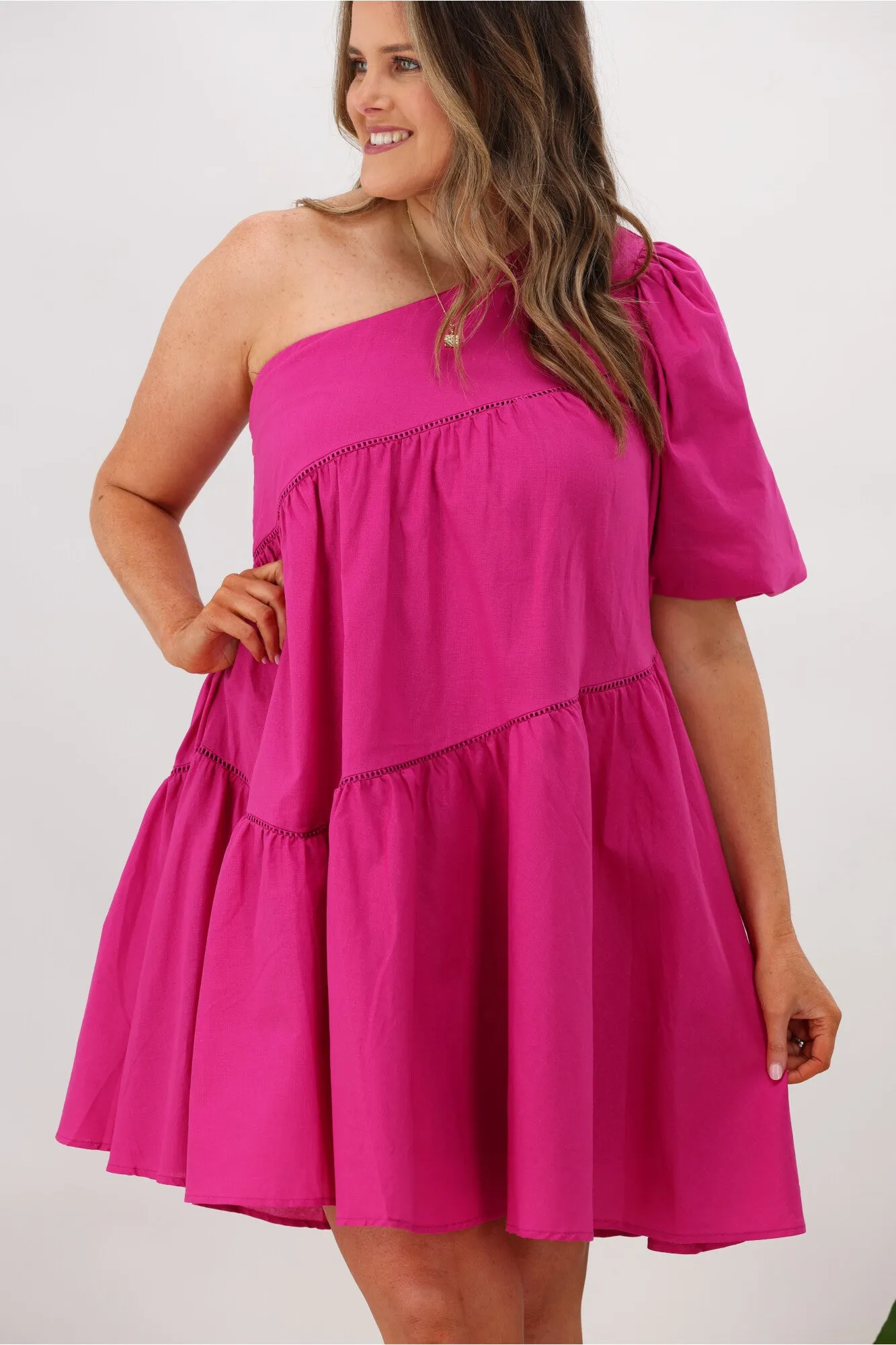 Ebby & I Sally One Shoulder Dress Magenta