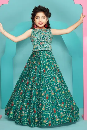 Green Floral Print, Sequins and Zari work Lehenga Choli for Girls