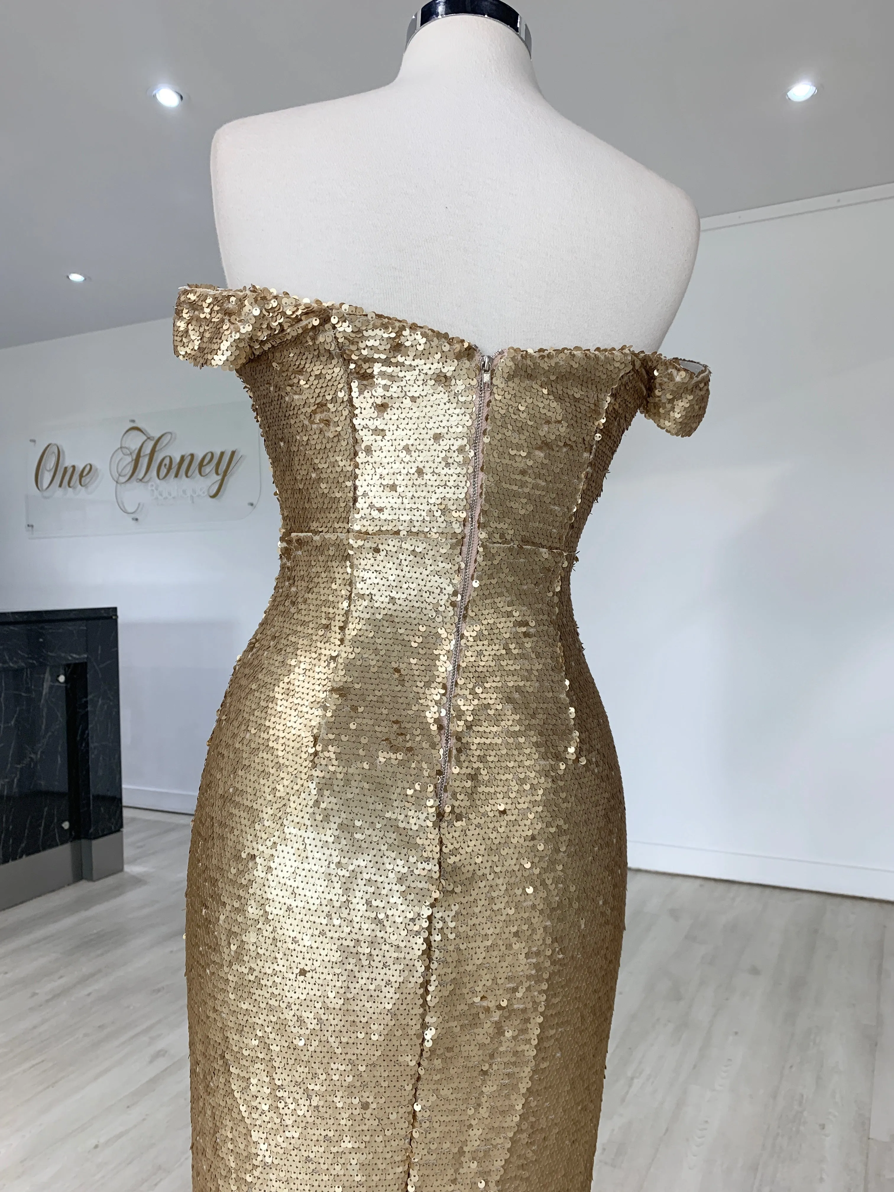 Honey Couture CONTESSA Gold Sequin Off Shoulder Mermaid Formal Dress