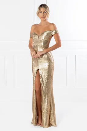 Honey Couture CONTESSA Gold Sequin Off Shoulder Mermaid Formal Dress