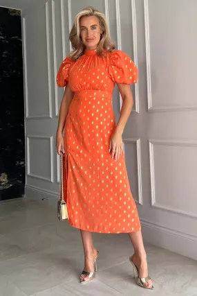 Lilly Orange Gold Foil Print Puff Sleeve Midi Dress