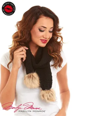 Marilyn Monroe Women Bubble Knit Oblong Scarf With Faux Fur Pom Pom