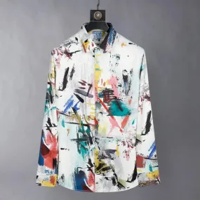 Men's Luxury Silk Shirt: Fashion Graffiti Print, Long Sleeve, Slim Fit, Non-Iron, Casual Streetwear, Nightclub Stage Shirt