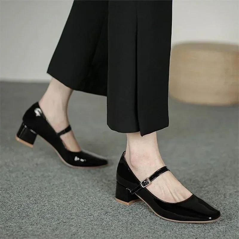 New Red Black Mary Janes High Quality Leather Square Toe Buckle Strap Women's Shoes Low Heel Pumps