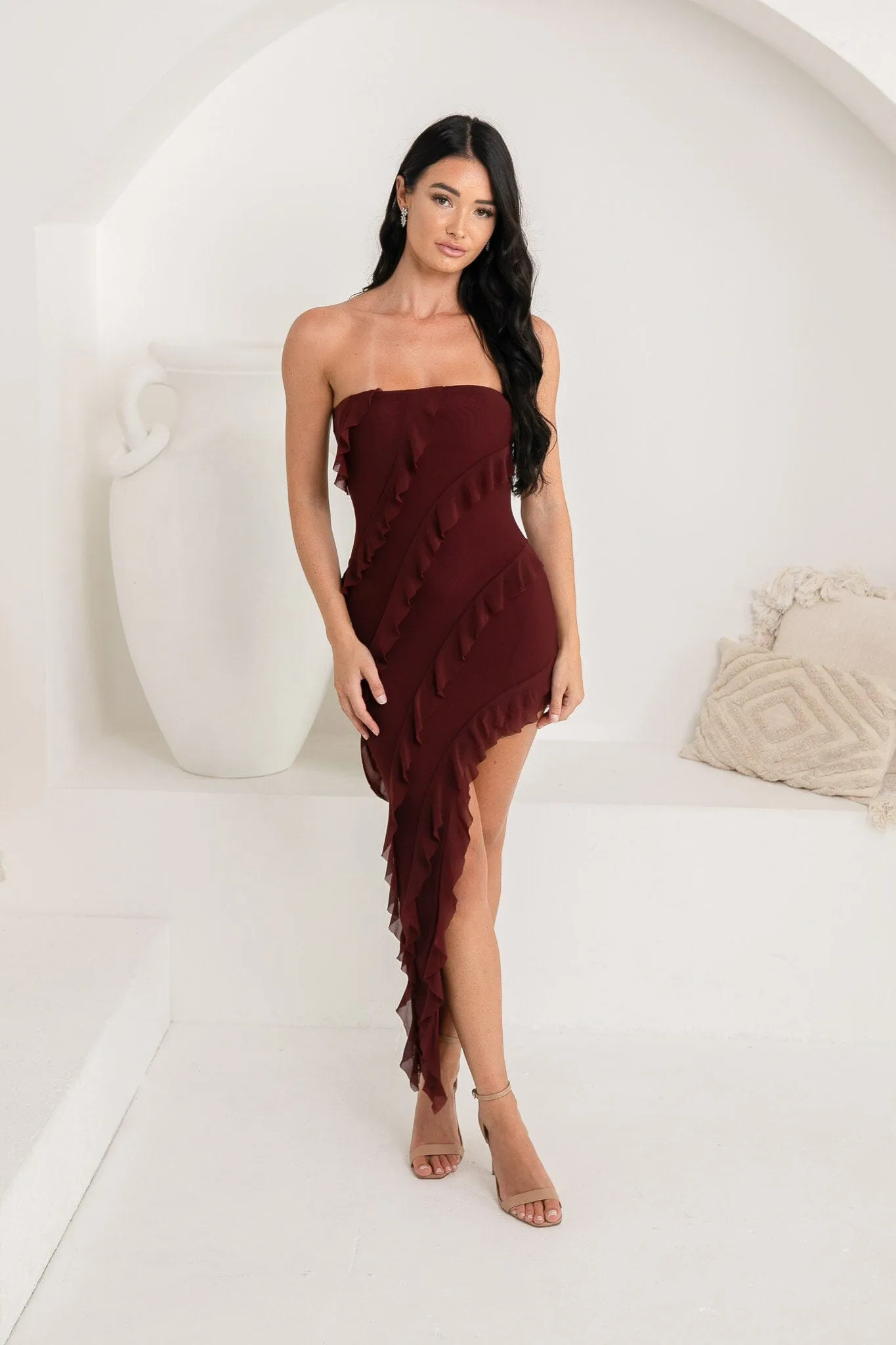 Solita Strapless Frill Detail Maxi Dress - Burgundy